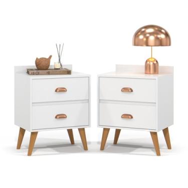 Imagem de Kit 2 Mesa de Cabeceira Quarto Mesinha Apoio Lateral Cama Box Casal Estilo Decoração Retrô Madero 2 Gavetas Branco