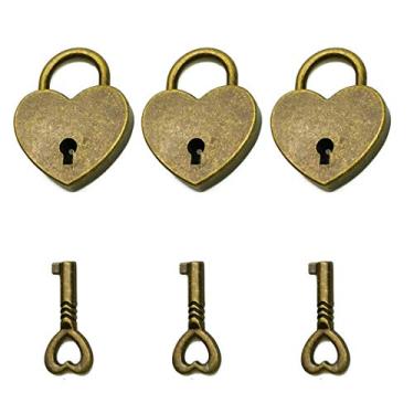 Imagem de Hyamass 3 cadeados vintage estilo antigo mini coração Archaize cadeado com chaves (Bronze)