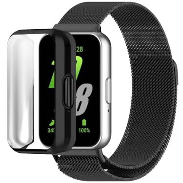 Imagem de QIEMUTER Pulseira de relógio compatível com Samsung Galaxy Fit 3 com capa de TPU, pulseira esportiva de malha de aço inoxidável, capa protetora de tela para Samsung Fit 3 (preto)