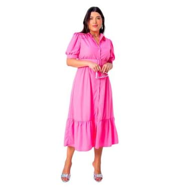 Imagem de Vestido plus size manga curta midi com cinto e saia evase em crepe ele