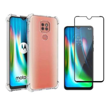 Imagem de Capinha Silicone Antichoque e Película Vidro 3D Preta Moto G9 Play - H