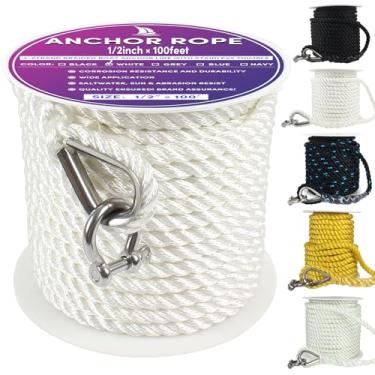 Imagem de VEITHI Corda de âncora de barco 30,5 m x 1/5.1 cm branca, corda marítima de 3 fios com dedal e manilha de aço inoxidável ideal para reboque, ancoragem, barcos, ancoragem, para barcos de até 90 m