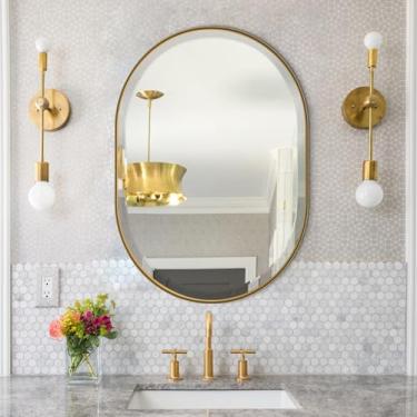 Imagem de POZINO Espelho oval dourado, espelho retangular arredondado de 56 x 76 cm, espelho de banheiro moderno, espelho de parede de vaidade oblongo em moldura de aço inoxidável premium pendurado na