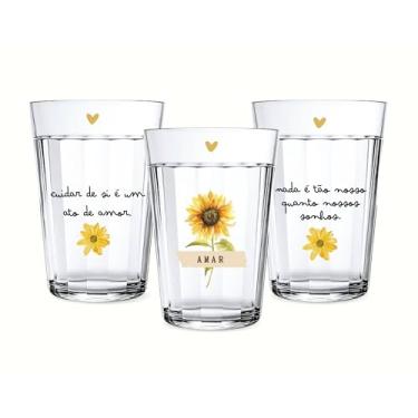 Imagem de Kit 3 Copos Americanos Personalizados 190ml Decorado C/Frase Motivacional Presente Delicado Girassol