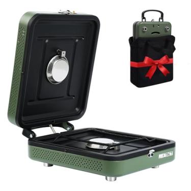 Imagem de RexTact Fogão de acampamento dobrável com 2 bocas e chapa para acampamento, fogão a gás portátil com 16000 BTU, 2 queimadores ajustáveis e verde de ignição piezo