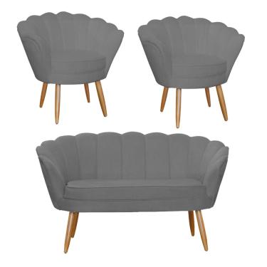 Imagem de Kit Pétala Namoradeira e 2 Poltronas Decorativa Pés Palito Suede Cinza - dl Decor