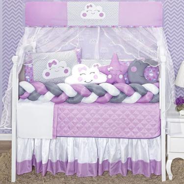 Imagem de Kit Berço Feminino Nuvem Lua Lilás Completo 12P Saia Box