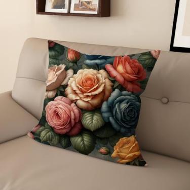 Imagem de Capa de almofada de linho com estampa digital retrô rosa com zíper invisível, vários tamanhos para decoração de sofá, sala de estar e quarto (45 x 45 cm, FGMG-C)