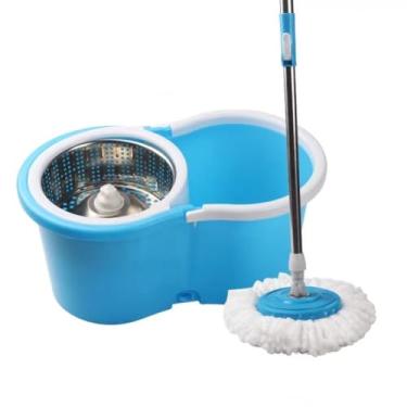 Imagem de Mop Desaguador AutomáTico GiratóRio 360° Cabo AçO Inox Cesto AçO Inox Com Balde(Inox Azul)