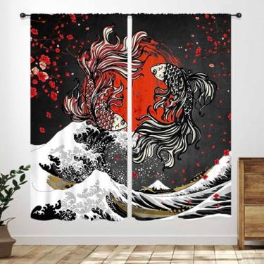 Imagem de Cortinas Koi Fish para quarto, pintura de tinta asiática de flor de cerejeira dourada japonesa para sala de estar cozinha banheiro cortinas 53 cm L x 114 cm C, conjunto de 2 painéis