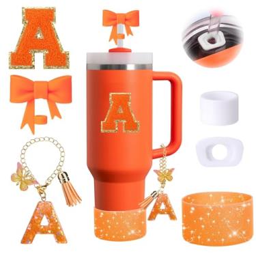 Imagem de MOTEERLLU Conjunto De 6 Acessórios Para Copos Stanley Laranja, Adequados 30 Oz E 40 Oz, Incluindo Tampa Antiderramamento, Capa Silicone Brilhante, Topo Canudo Em Formato Laço, Adesivo Personalizado,