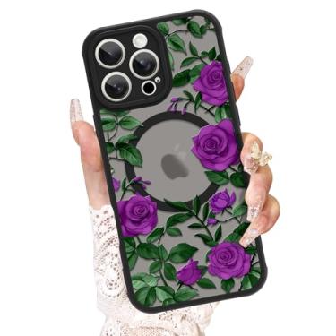 Imagem de AIGOMARA Capa para iPhone 16 Pro Max, compatível com MagSafe, linda estampa de flor rosa com capa de telefone fosca semitransparente para mulher Gilrs TPU macio e PC capa protetora traseira fina roxa