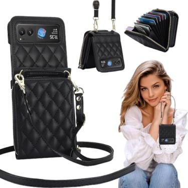 Imagem de Fofvccv Capa carteira feminina para Motorola Razr 2023, capa transversal para celular com suporte para cartão [bloqueio RFID] [cordão de alça ajustável], capa de couro PU com zíper para Moto Razr 40