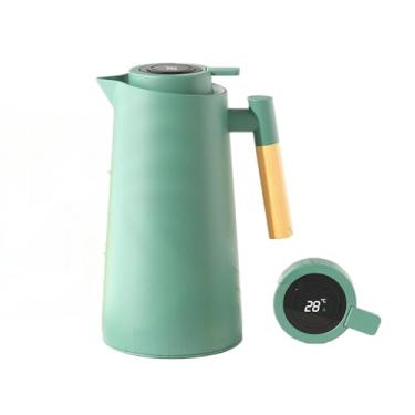 Imagem de Garrafa Térmica De Água 1000ml Com Termômetro Digital LED Para Chás Café Cabo Em Madeira Design Elegante(Verde Escuro)