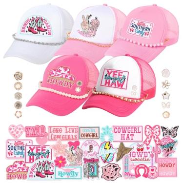 Imagem de Meneng Pacote com 5 bonés de caminhoneiro ocidentais: bonés femininos ajustáveis com 30 remendos bordados e 5 peças de correntes - Kit de chapéu de vaqueira na moda DIY para presente de festival de