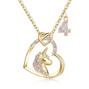 Imagem de Hidepoo Presentes de unicórnio de aniversário para meninas – Colar de unicórnio banhado a ouro 14 K, presentes de aniversário para meninas de 3 a 16 anos, colar de unicórnio com pingente de coração de zircônia cúbica colorido para meninas, joias de presente, Metal, Zircônia cúbica