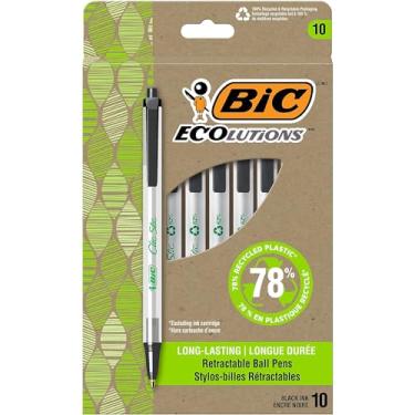 Imagem de BIC Ecolutions Canetas esferográficas retráteis Clic Stic, ponta média, tinta preta, pacote com 10 (CSEM10-BLK)