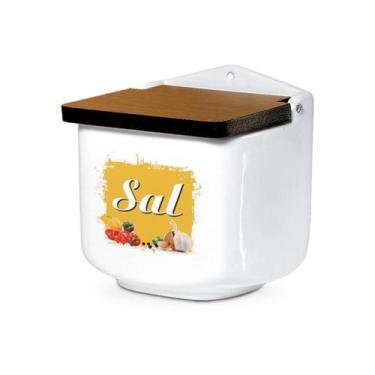 Imagem de Saleiro de Cerâmica Branco Decorado e Tampa de Madeira - Cerâmica Regi