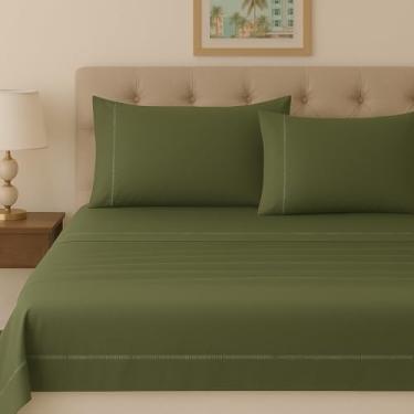 Imagem de Jogo de Cama Queen 4 Peças 100% Algodão Egípcio 300 Fios com Ponto Palito – Lençol com Elástico + Lençol Superior + 2 Fronhas (Verde)