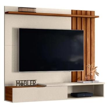 Imagem de Painel para TV Vegas, Suspenso, 160cm, para TVs até 65 Polegadas, Madeira Natural e Off-White (Pérola Metalizado/Cinamomo Mel)