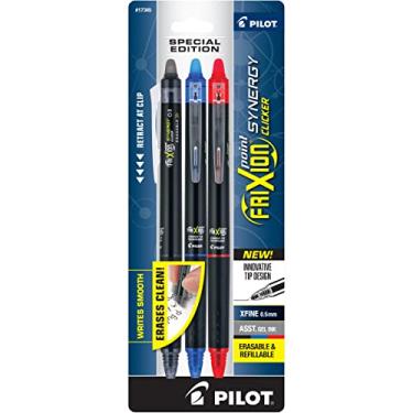 Imagem de Pilot, FriXion Synergy Clicker Canetas apagáveis, recarregáveis, retráteis, de tinta gel, ponta extrafina, 0,5 mm, pacote com 3, preto, azul e vermelho