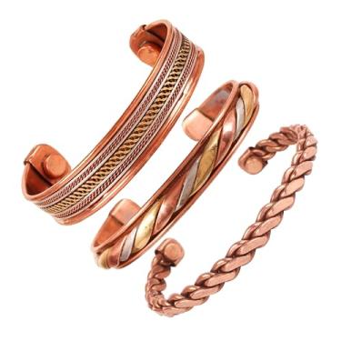 Imagem de INDTRESOR Pulseira magnética de cobre estilo tibetano. Forjada à mão com cobre puro sólido e de alto calibre. Conjunto de 3 designs diferentes com 3 tons de metal.