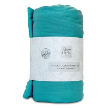 Imagem de Sweet Acorn Conjunto de cama infantil de 3 peças - malha jérsei de algodão orgânico - serve para berços e colchões conversíveis - 23 x 71 x 132 cm - azul-petróleo