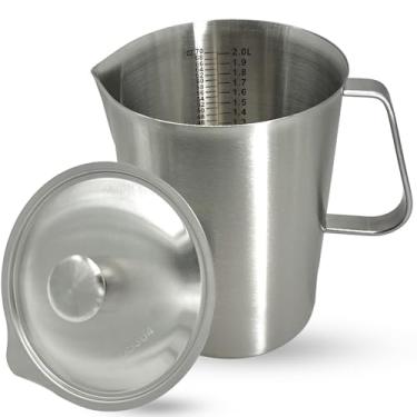 Imagem de Jarra de aço inoxidável com tampa, copo medidor grande de metal de 1,984 g com alça, jarra de espuma de leite de 8 xícaras, jarro de água de 2 litros para café latte arte cappuccino, acessórios para