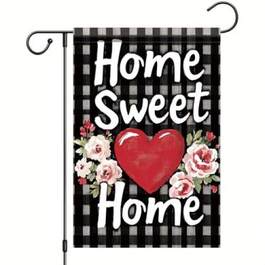 Imagem de Starlit Patio Home Sweet Home Bandeira de jardim 30 x 45 cm dupla face xadrez búfalo coração floral bandeira de quintal sazonal ao ar livre casa banner bem-vindo primavera verão rústica decoração de