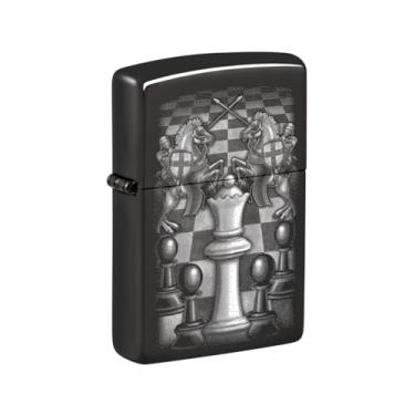 Imagem de Zippo Isqueiro de bolso preto de alto polimento com design de xadrez