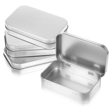 Imagem de Embalagem com 4 recipientes retangulares de metal prateado com dobradiça, recipientes vazios para artesanato, mini kit de recipientes de armazenamento pequeno portátil com tampa para uso DIY