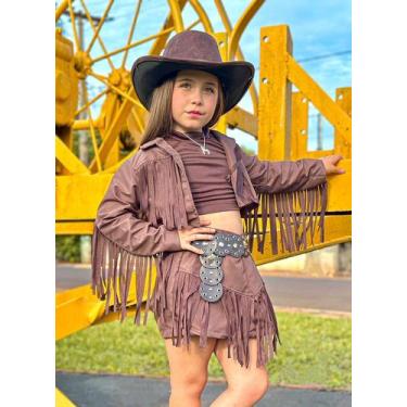 Imagem de Conjunto Boiadeira com Chapéu cor inverno Marron Franjas Short Saia fe