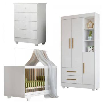 Imagem de Quarto Bebê Branco com Berço Mini Cama ,Guarda Roupa, Cômoda