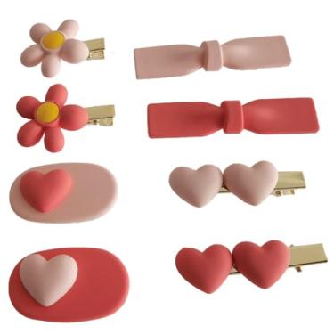 Imagem de Pacote com 8 grampos de cabelo para meninas, grampos de cabelo rosa clássicos, laço/coração/flor jacaré, para adolescentes, caixa de presente de acessórios de cabelo (tons rosa e rosa)