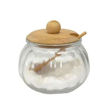 Imagem de Açucareiro Porta Condimentos De Vidro Com Colher e Tampa De Bambu 230m