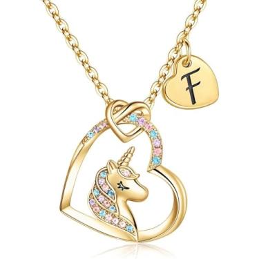 Imagem de Unicorn Necklace Gifts for Girls Daughter - Colorful Heart Pendant Initial Unicorn Necklaces for Girl Teens Little Girls Jewelry Birthday Gift-F