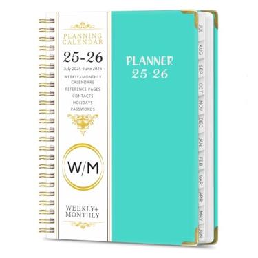 Imagem de Julho de 2025 a junho de 2026, caderno espiral, calendário diário A5 tamanho 15 x 21 cm, azul lago, mensal, semanal, agenda, 142 páginas, agenda escolar e escritório