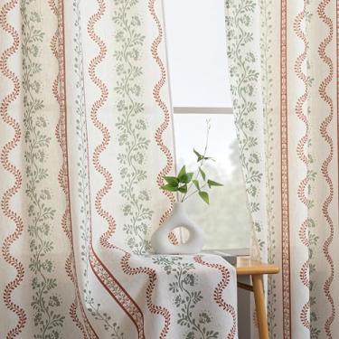 Imagem de Cortinas florais boêmias para sala de estar, cortinas transparentes de linho boho para quarto 153 cm de comprimento terracota e verde