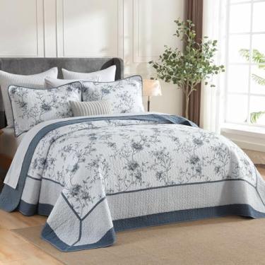 Imagem de Colchas King extragrandes 128 x 120 Extra Largas - Conjunto de Colcha Floral Botânica Reversível California King, Tamanho Grande, 3 peças, Leve e Fino, Cal King, Azul Acinzentado/Branco