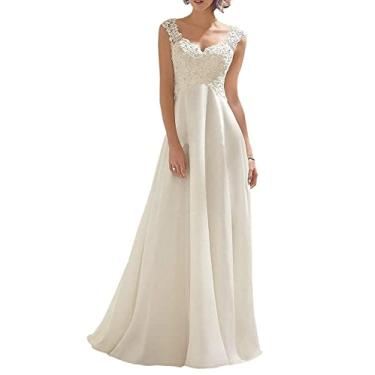 Imagem de Abaowedding Vestido de noiva feminino de renda com decote em V duplo sem mangas, Off-white, 42