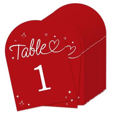 Imagem de Big Dot of Happiness Números de mesa vermelho cereja com corações de casamento, decoração de festa de noivado e aniversário, centros de mesa de casamento, cartões de dupla face de 12,7 x 18 cm