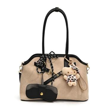 Imagem de Base'ic Bolsa de ombro de lona feminina, bolsa quadrada macia com alças duplas, bege com acabamento preto, grande capacidade, Bege