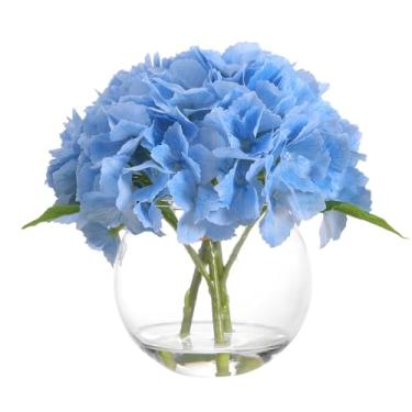 Imagem de Rosscer Flor artificial de hortênsia azul com vaso de flor falsa em vaso de vidro com água sintética para casa, banheiro, escritório, mesa, centro de mesa, decoração de prateleira, flores