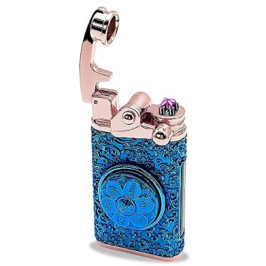 Imagem de TIKIUKI Isqueiro elétrico recarregável sem chama à prova de vento plasma duplo arco isqueiros USB com descompressão basculante, isqueiros para velas (azul)
