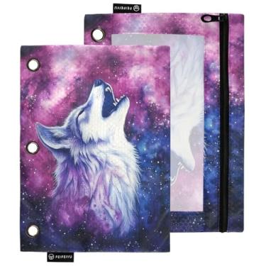 Imagem de Pacote com 2 bolsas de lápis fofas para fichário com 3 anéis, galáxia, espaço, uivo, lobo, janela transparente, estojo de armazenamento com zíper para meninos e meninas, estudantes, sala de aula