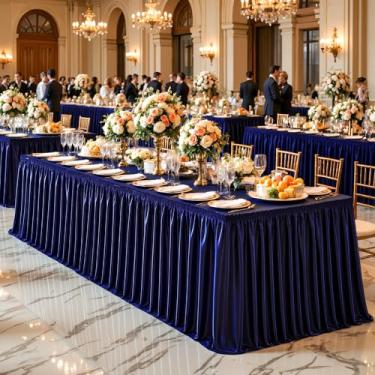 Imagem de Wish Care Saia de mesa de cetim azul marinho de 5,2 m para mesas retangulares, saias de mesa com glitter, sem rugas, toalha de mesa plissada, para casamento, aniversário, chá de bebê, festa, banquete