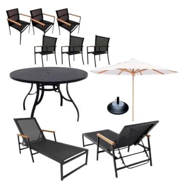 Imagem de Kit Conjunto de Jardim Mesa 1,40m Aluminio + 6 Cadeiras Area Externa + 2 Espreguiçadeiras Piscina Alumínio Tela Sling e Guarda Sol (Branco)