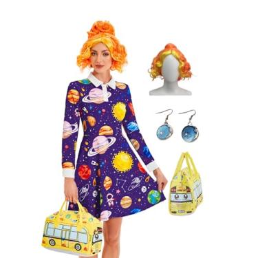 Imagem de Leevuyu Vestido feminino Miss Frizzle com peruca, fantasia de ônibus escolar, mágico, vestido de professor de ciências, roxo, grande