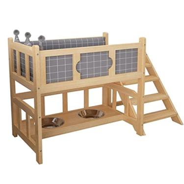Imagem de TsoLay Cama de madeira para cães, 2 camadas, cama elevada para animais de estimação com corrimão com escadas e corrimão, tigela para cães, moldura de madeira, para cães, gatos e gatos