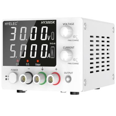 Imagem de Fonte de alimentação CC variável, 0-30V 0-5A, fonte de alimentação HYELEC Bench com botão codificador, display LED de 4 dígitos, calibração digital, carregamento USB e tipo C